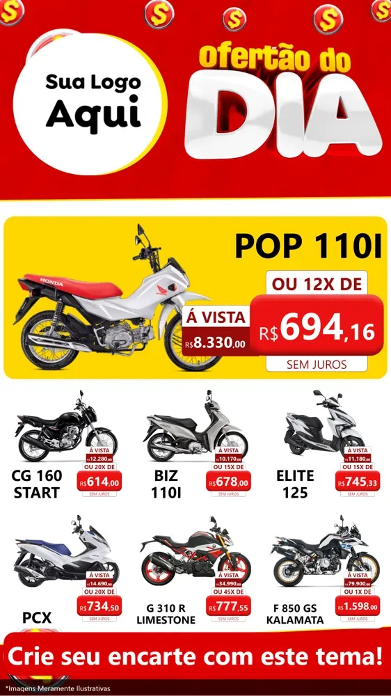 Modelo de Rede Social para Stories com o tema Ofertão do dia para Concessionaria de Motos