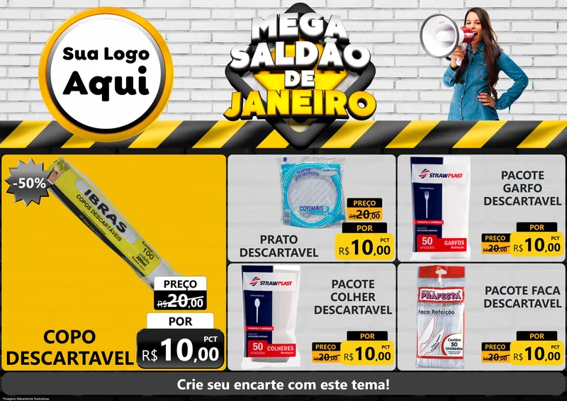 Modelo de Encarte para Encarte A4 Horizontal com o tema Mega Saldão de Janeiro para Embalagens
