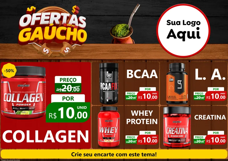 Modelo de Encarte para Encarte A4 Horizontal com o tema Ofertas Dia do Gaúcho para Suplementos alimentares
