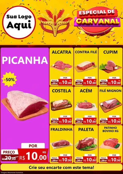 Modelo de Encarte para Encarte A4 Vertical com o tema Especial de Carnaval para Açougue