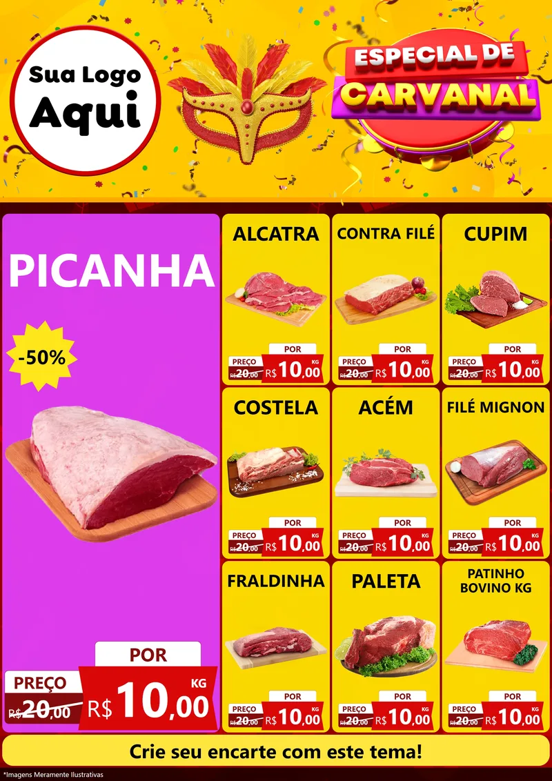 Modelo de Encarte para Encarte A4 Vertical com o tema Especial de Carnaval para Açougue