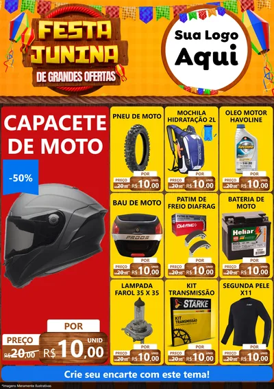 Modelo de Encarte para Encarte A4 Vertical com o tema Festa Junina de Grandes Ofertas para Moto peças