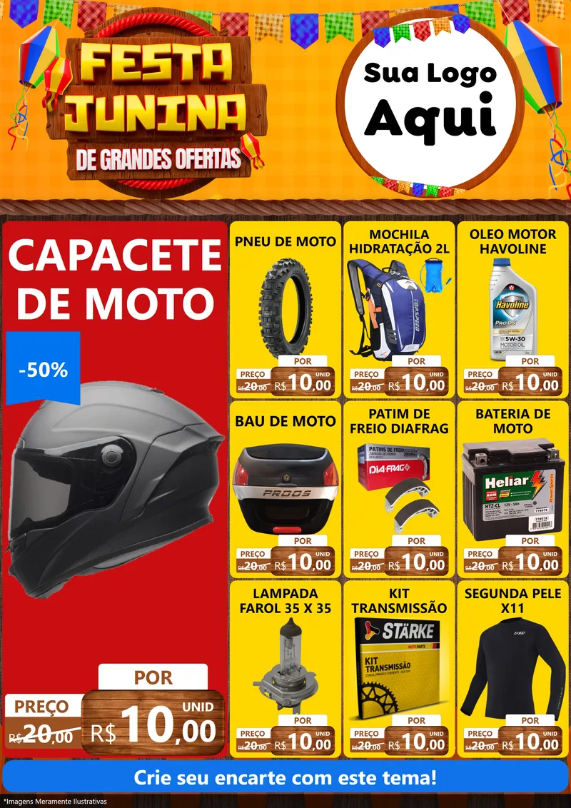 Modelo de Encarte para Encarte A4 Vertical com o tema Festa Junina de Grandes Ofertas para Moto peças
