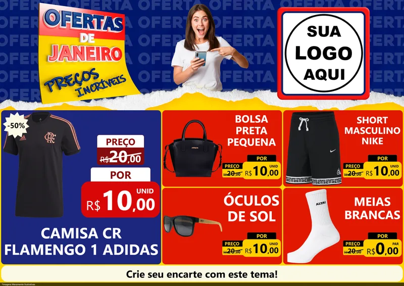 Modelo de Encarte para Encarte A4 Horizontal com o tema Ofertas de Janeiro - Preços Incríveis para Roupas e acessórios