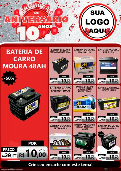 Modelo de Encarte para Encarte A4 Vertical com o tema Promoção de Aniversário - 10 Anos para Baterias Elétricas