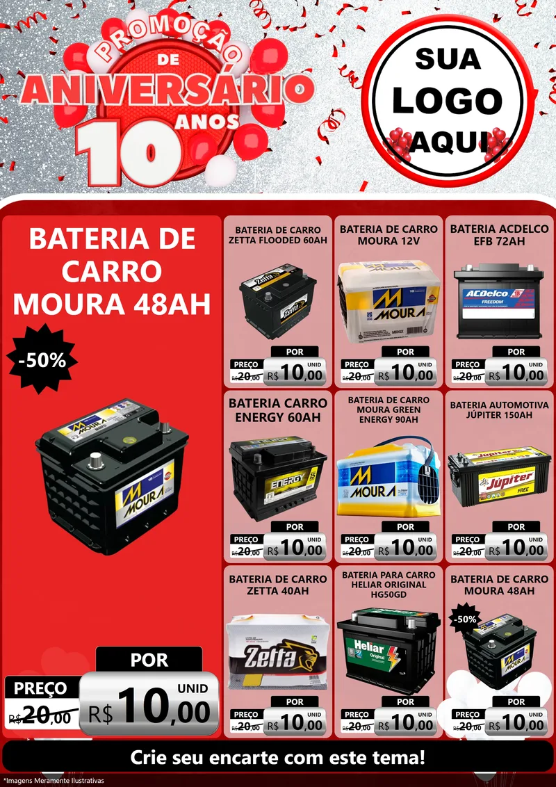 Modelo de Encarte para Encarte A4 Vertical com o tema Promoção de Aniversário - 10 Anos para Baterias Elétricas