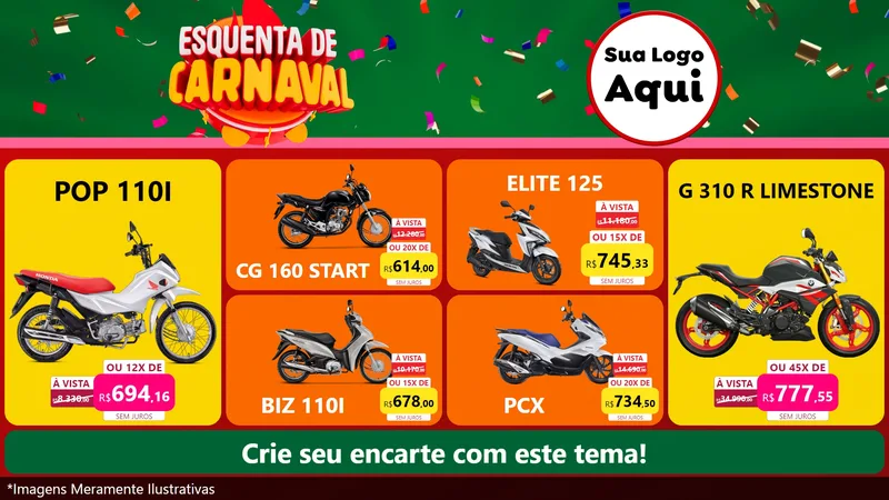 Modelo de TV para TV Horizontal com o tema Esquenta de Carnaval para Concessionaria de Motos