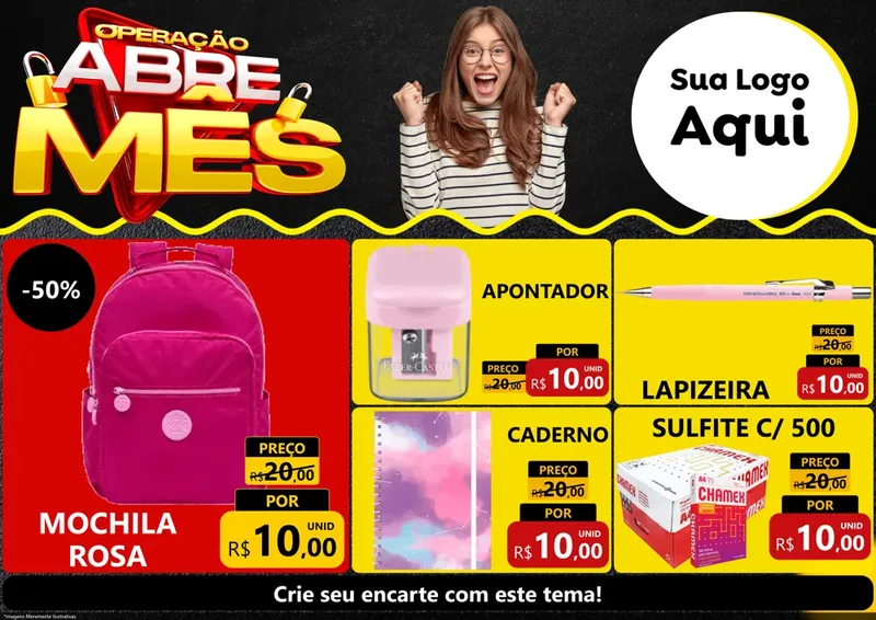 Modelo de Encarte para Encarte A4 Horizontal com o tema Operação Abre Mês para Papelaria