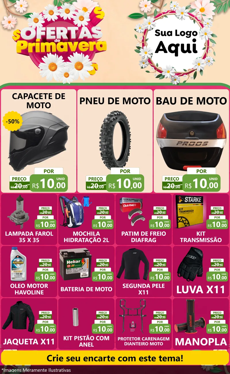 Modelo de Encarte para Encarte Grande com o tema Ofertas de Primavera para Moto peças