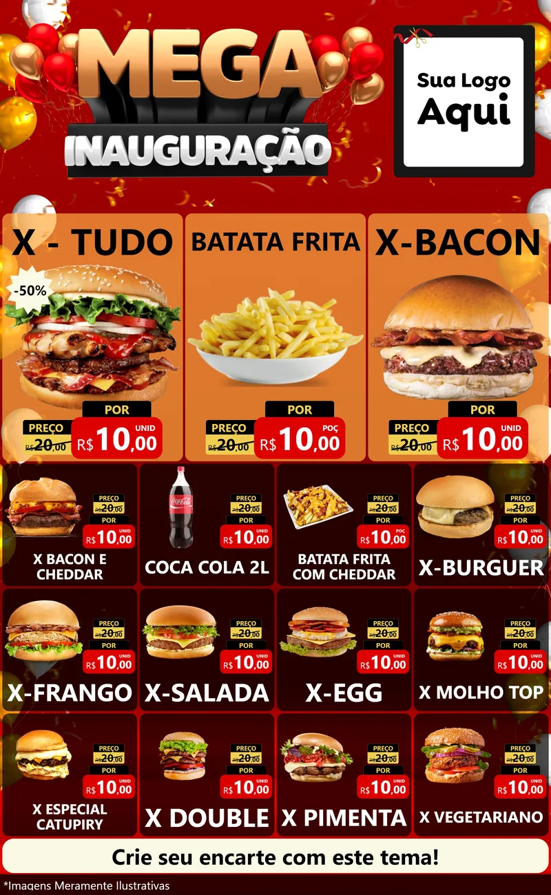 Modelo de Encarte para Encarte Grande com o tema Mega Inauguração para Hamburgueria