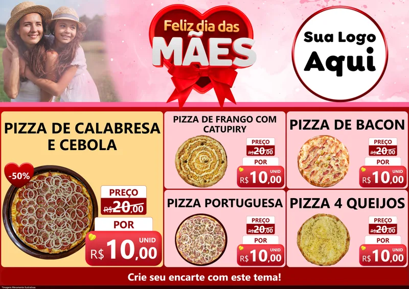 Modelo de Encarte para Encarte A4 Horizontal com o tema Feliz Dia Das Mães para Pizzaria