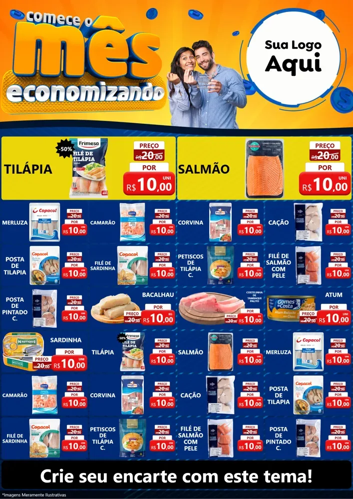 Modelo de Encarte para Encarte A4 Vertical com o tema Comece O Mês Economizando para Peixaria