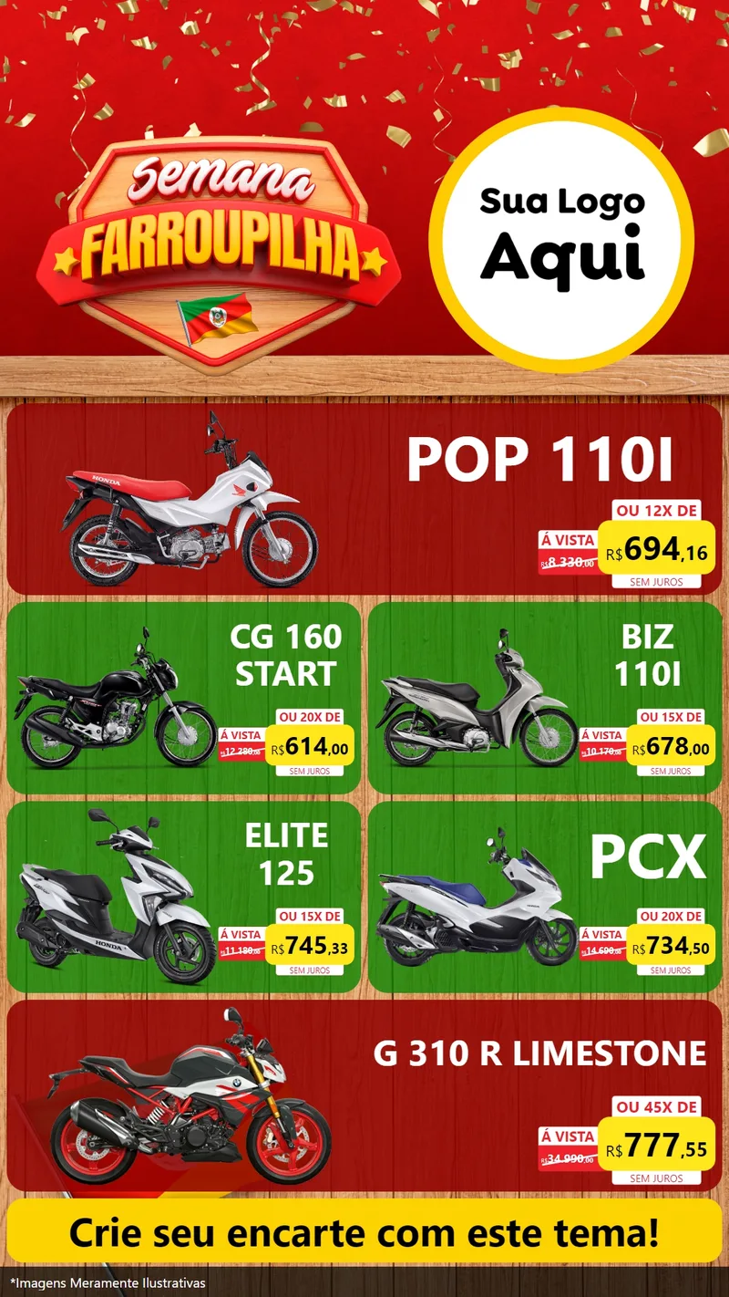 Modelo de TV para TV Vertical com o tema Semana Farroupilha para Concessionaria de Motos