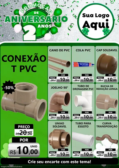 Modelo de Encarte para Encarte A4 Vertical com o tema Promoção de Aniversário - 2 Anos para Tubos e conexões