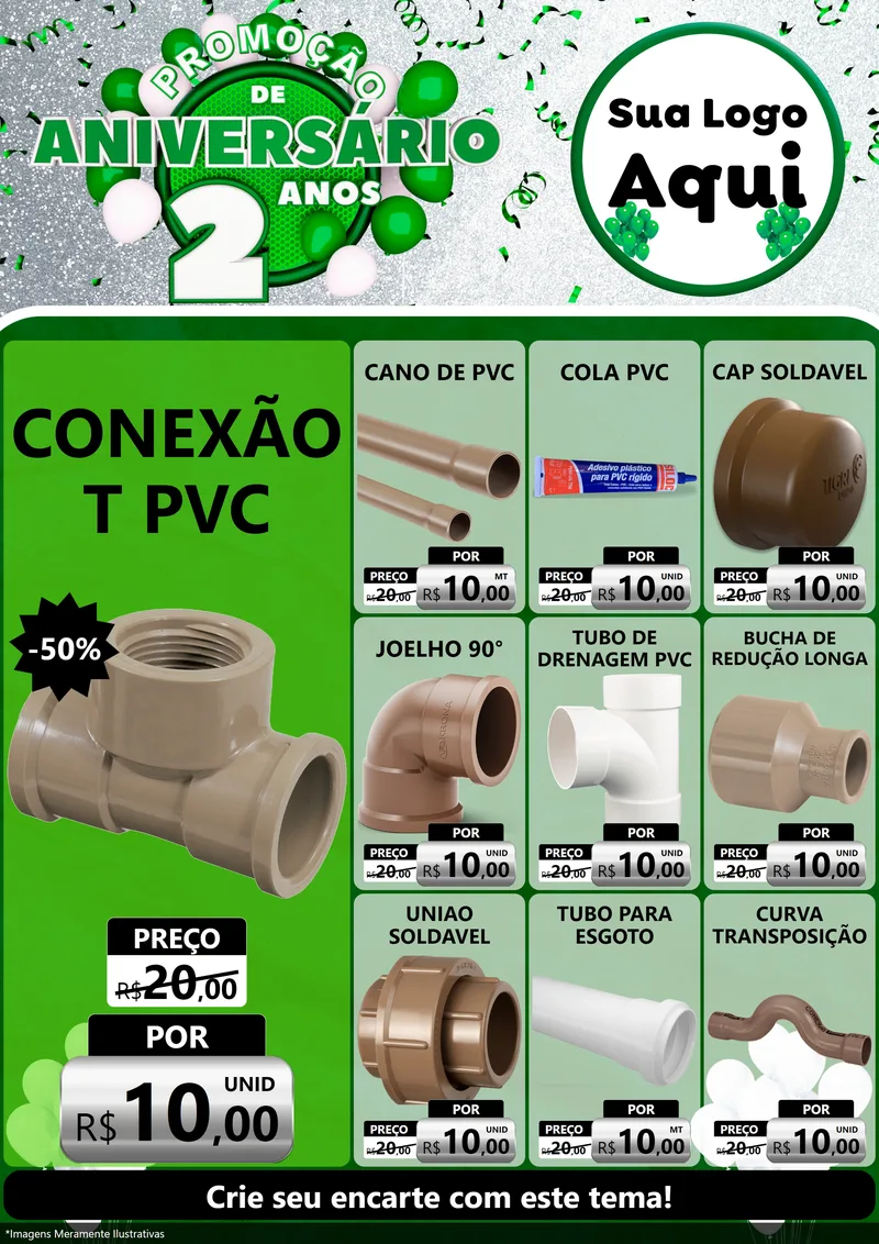 Modelo de Encarte para Encarte A4 Vertical com o tema Promoção de Aniversário - 2 Anos para Tubos e conexões