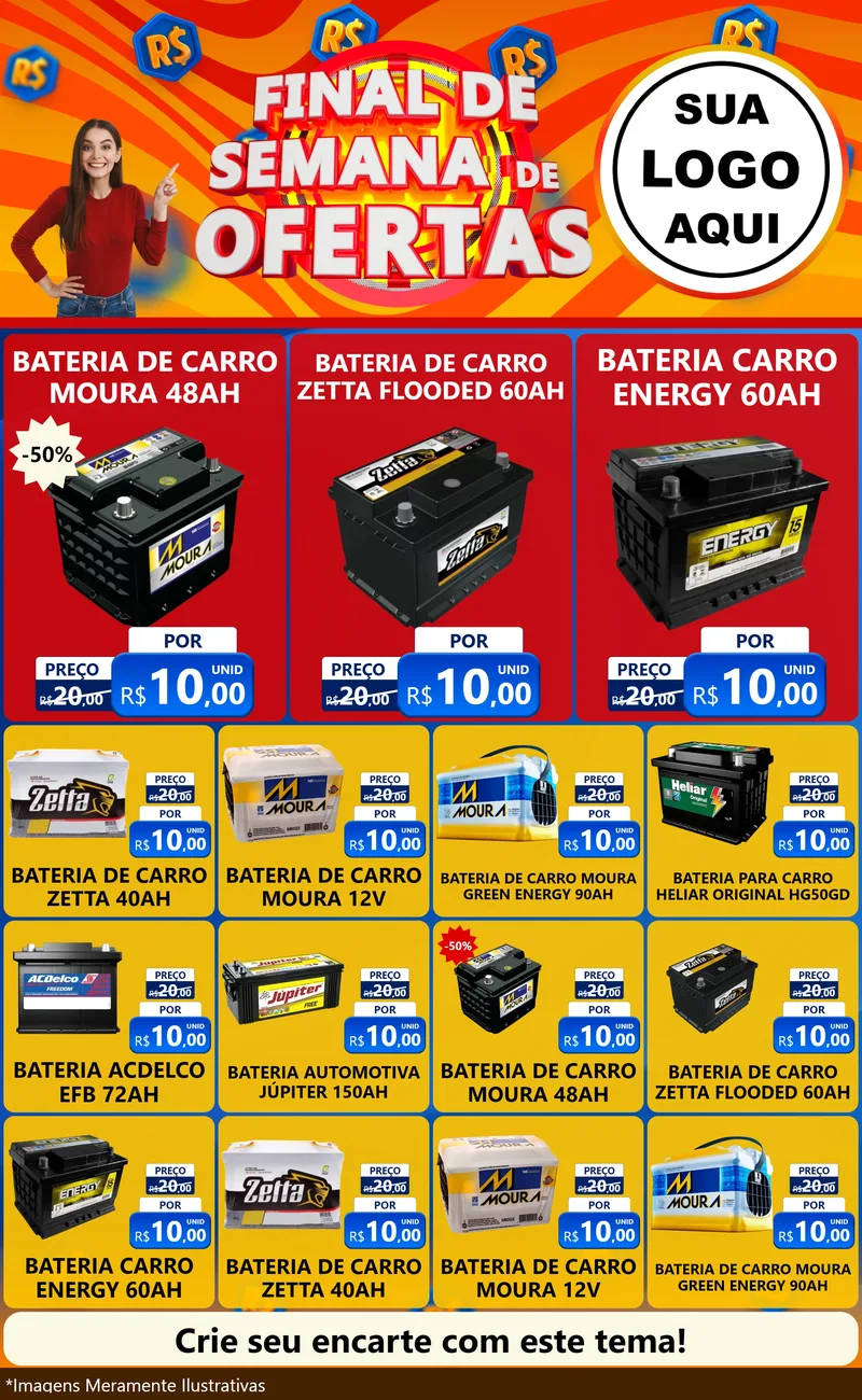 Modelo de Encarte para Encarte Grande com o tema Final de Semana de Ofertas para Baterias Elétricas