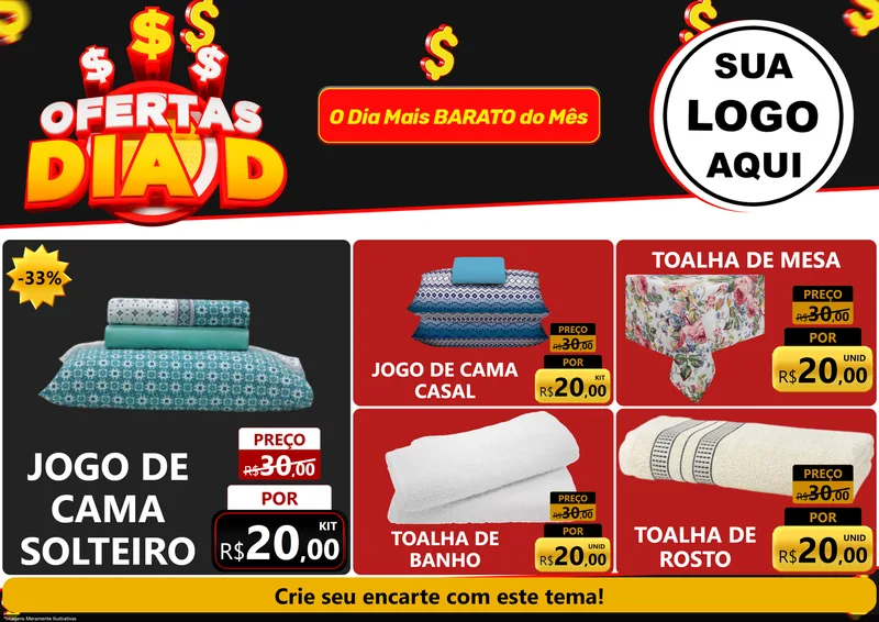 Modelo de Encarte para Encarte A4 Horizontal com o tema Ofertas Dia D para Cama, Mesa e Banho