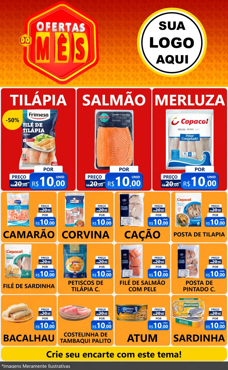 Modelo de Encarte para Encarte Grande com o tema Ofertas do Mês para Peixaria