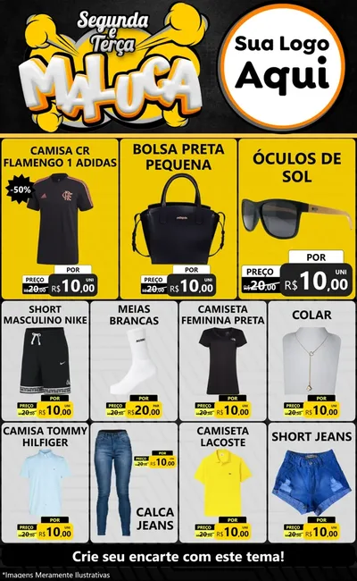 Modelo de Encarte para Encarte Grande com o tema Segunda e Terça Maluca para Roupas e acessórios