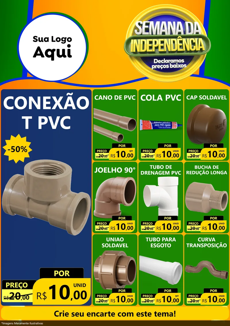 Modelo de Encarte para Encarte A4 Vertical com o tema Semana da Independência Declaramos Preços Baixos para Tubos e conexões