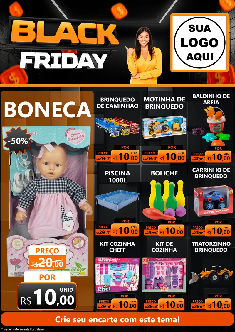 Modelo de Encarte para Encarte A4 Vertical com o tema Black Friday para Brinquedos