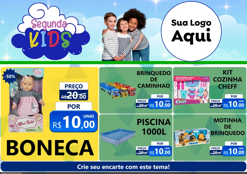 Modelo de Encarte para Encarte A4 Horizontal com o tema Segunda Kids para Brinquedos