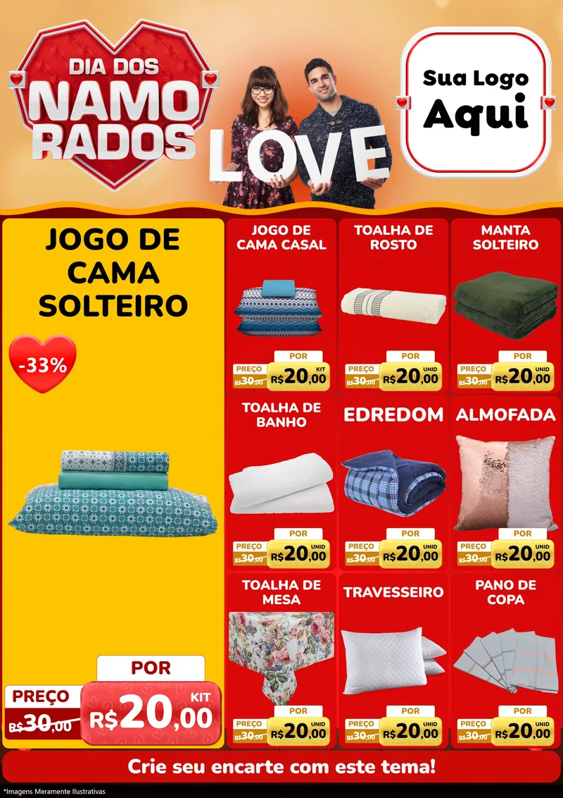 Modelo de Encarte para Encarte A4 Vertical com o tema Dia dos Namorados para Cama, Mesa e Banho