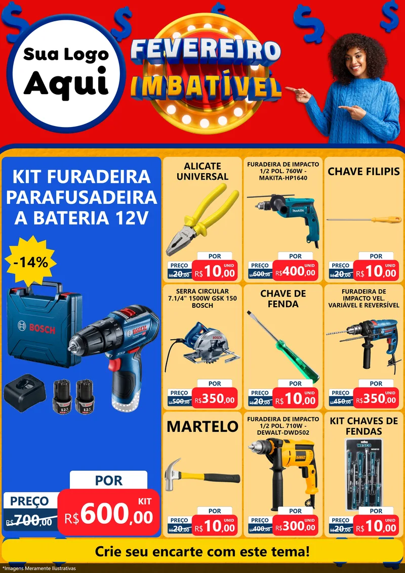 Modelo de Encarte para Encarte A4 Vertical com o tema Fevereiro Imbatível para Maquinas e Ferramentas