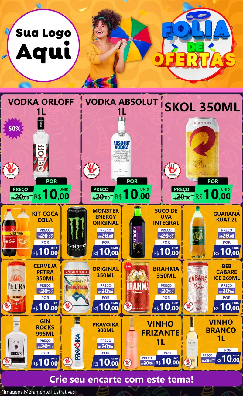 Modelo de Encarte para Encarte Grande com o tema Folia de Ofertas para Distribuidora de bebidas