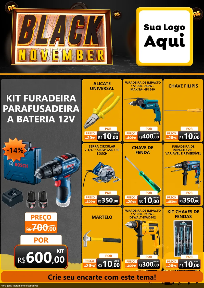 Modelo de Encarte para Encarte A4 Vertical com o tema Black November para Maquinas e Ferramentas