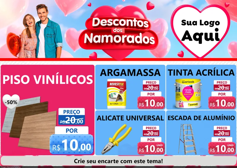Modelo de Encarte para Encarte A4 Horizontal com o tema Descontos dos Namorados para Material para Construção