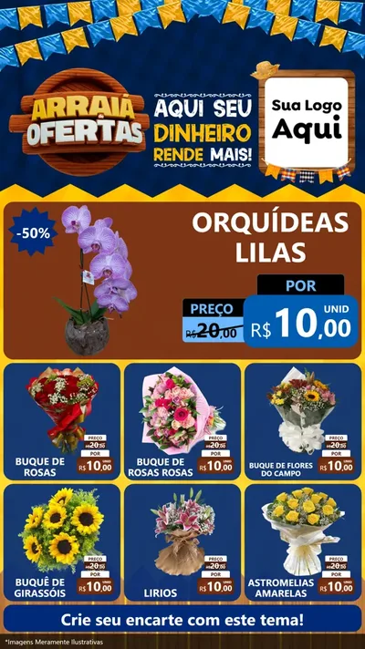 Modelo de Rede Social para Stories com o tema Arraiá de Ofertas - Junina para Floricultura e jardim