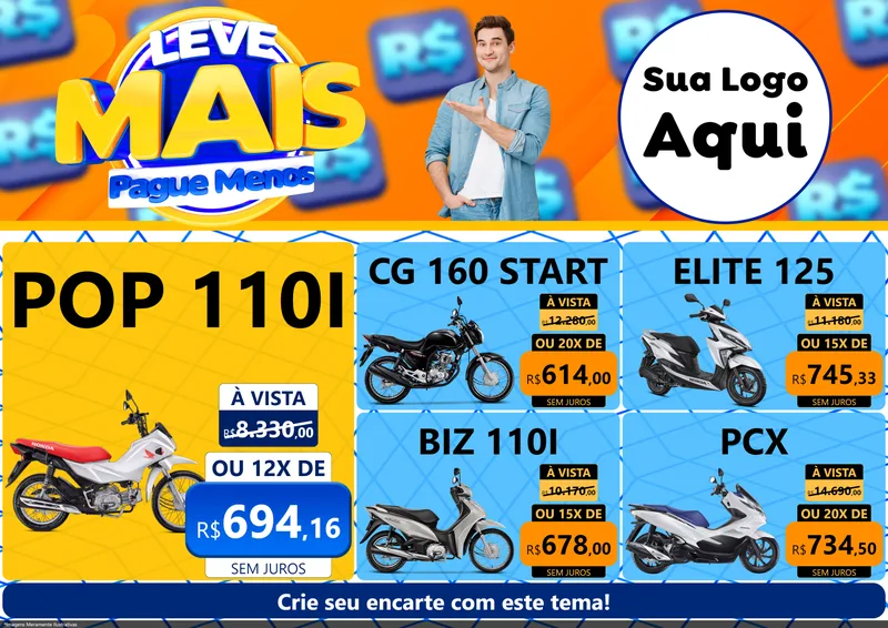 Modelo de Encarte para Encarte A4 Horizontal com o tema Leve Mais, Pague Menos para Concessionaria de Motos