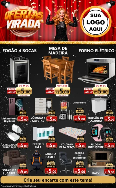 Modelo de Encarte para Encarte Grande com o tema Ofertas da Virada para Móveis e Eletro