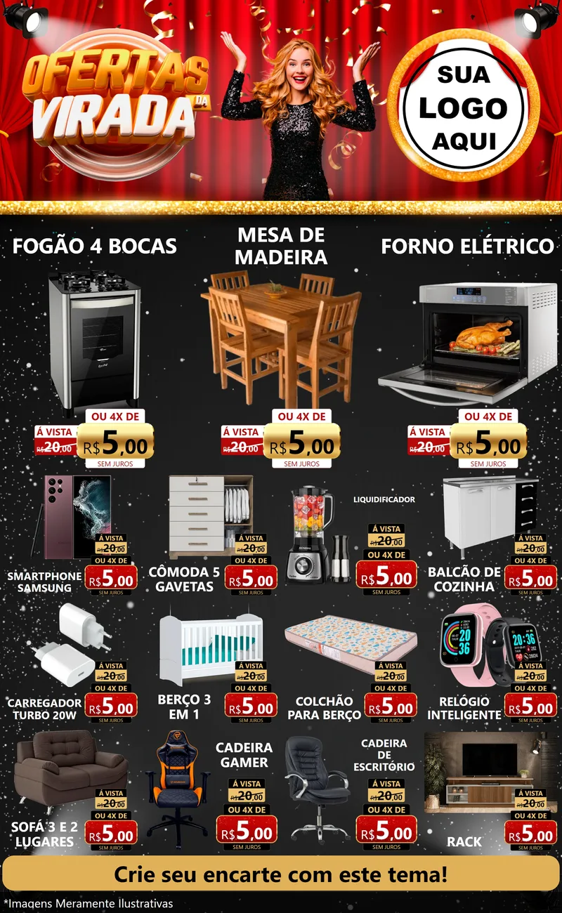 Modelo de Encarte para Encarte Grande com o tema Ofertas da Virada para Móveis e Eletro