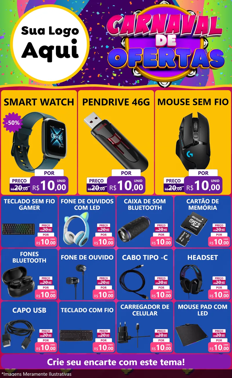 Modelo de Encarte para Encarte Grande com o tema Carnaval de Ofertas para Informática