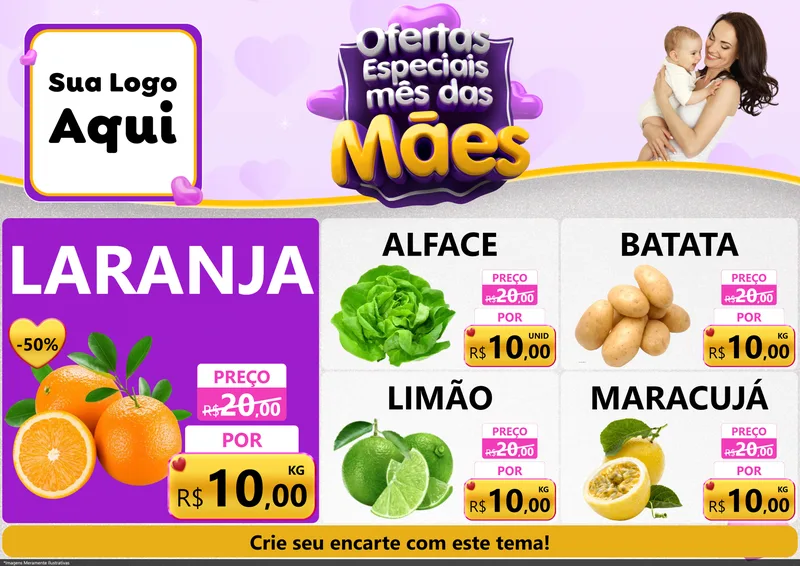 Modelo de Encarte para Encarte A4 Horizontal com o tema Ofertas Especiais - Mês das Mães para Hortifrúti