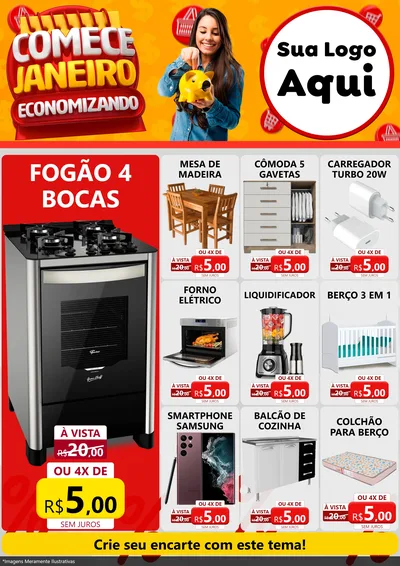 Modelo de Encarte para Encarte A4 Vertical com o tema Comece Janeiro Economizando para Móveis e Eletro