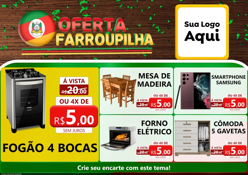 Modelo de Encarte para Encarte A4 Horizontal com o tema Oferta Farroupilha para Móveis e Eletro