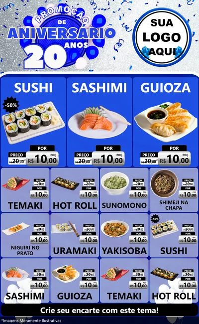Modelo de Encarte para Encarte Grande com o tema Promoção de Aniversário - 20 Anos para Comida japonesa