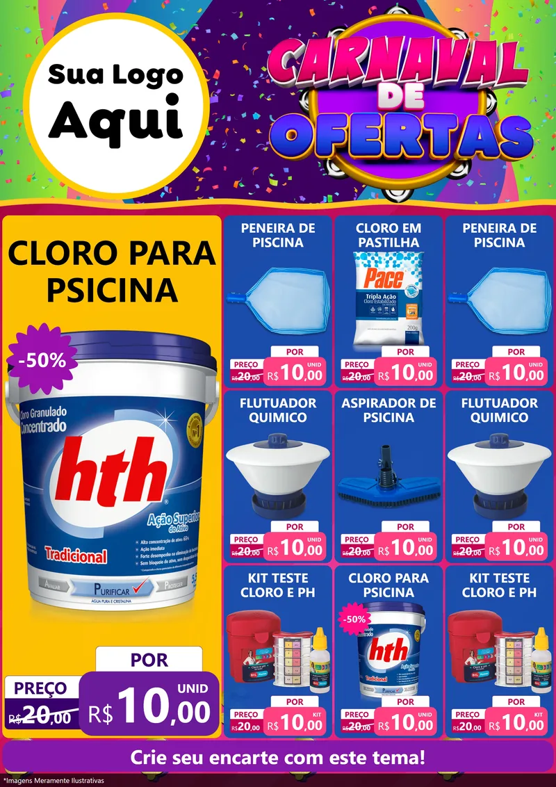 Modelo de Encarte para Encarte A4 Vertical com o tema Carnaval de Ofertas para Produtos para Piscina