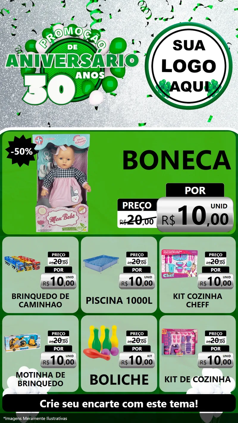 Modelo de Rede Social para Stories com o tema Promoção de Aniversário - 30 Anos para Brinquedos
