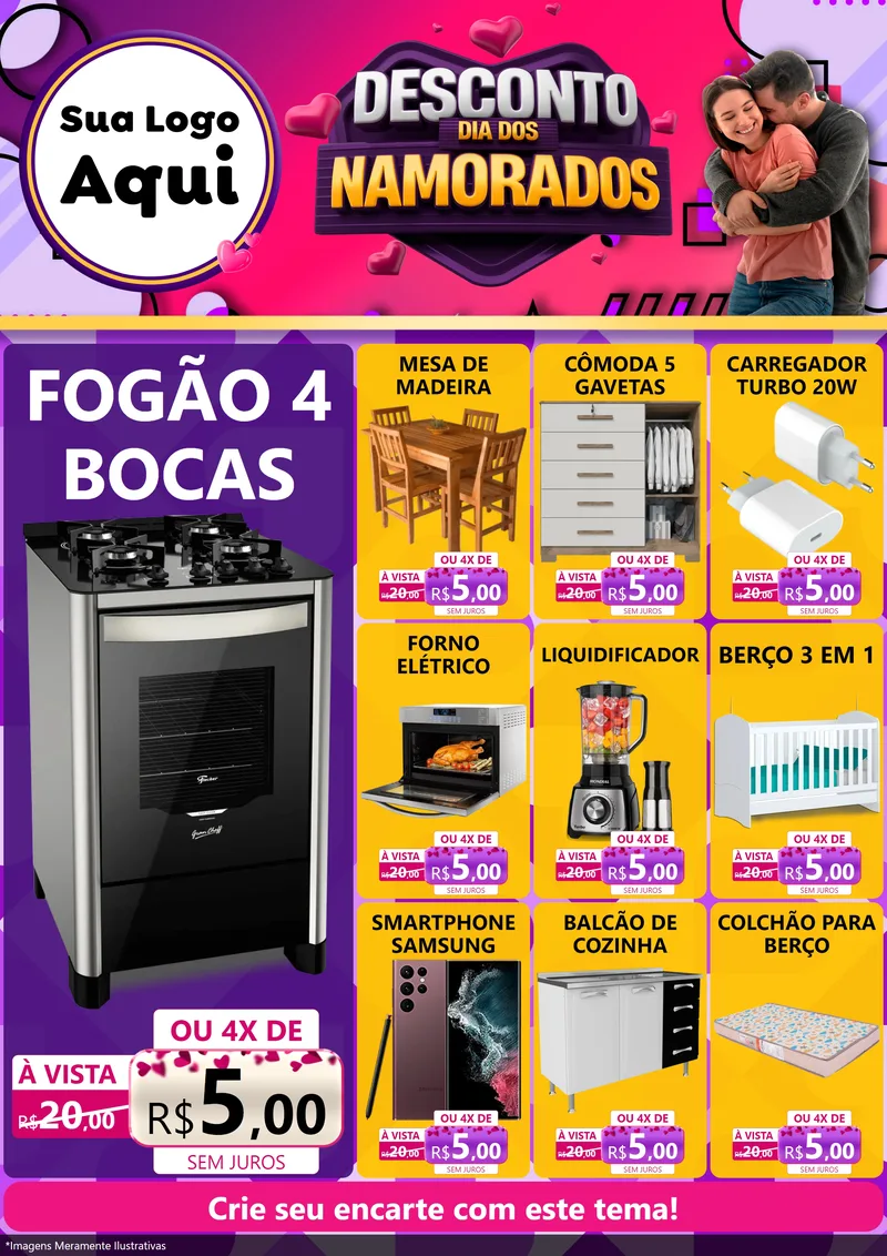 Modelo de Encarte para Encarte A4 Vertical com o tema Desconto Dia dos Namorados para Móveis e Eletro