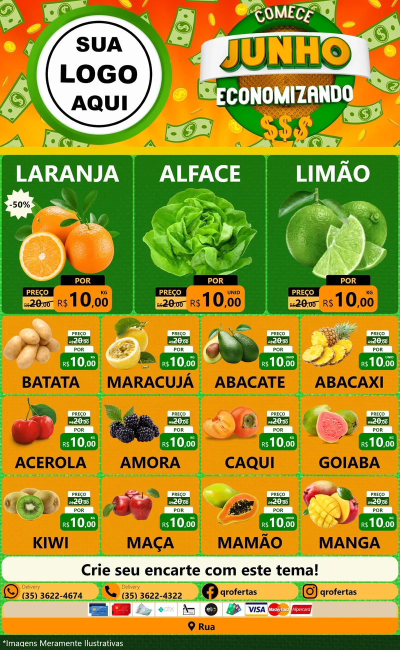 Modelo de Encarte para Encarte Grande com o tema Comece Junho Economizando para Hortifrúti