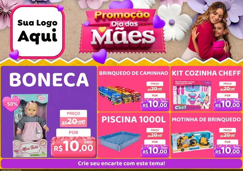 Modelo de Encarte para Encarte A4 Horizontal com o tema Promoção Dia das Mães para Brinquedos
