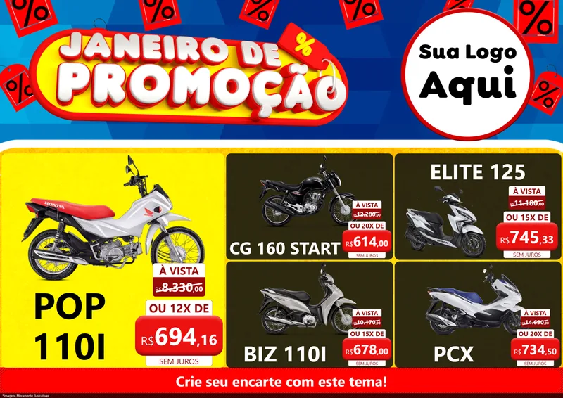 Modelo de Encarte para Encarte A4 Horizontal com o tema Janeiro de Promoção para Concessionaria de Motos