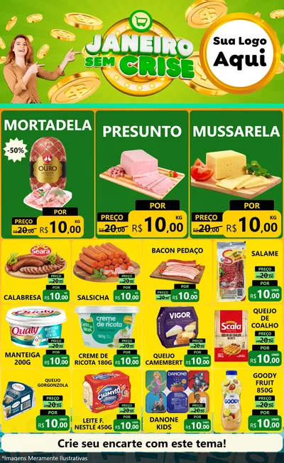 Modelo de Encarte para Encarte Grande com o tema Janeiro Sem Crise para Frios e Laticínios