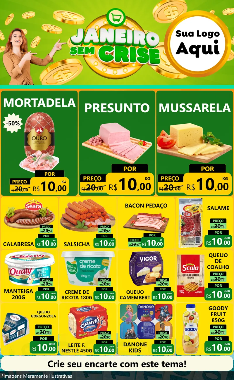 Modelo de Encarte para Encarte Grande com o tema Janeiro Sem Crise para Frios e Laticínios