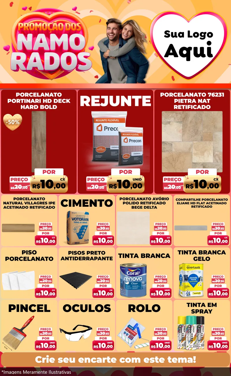 Modelo de Encarte para Encarte Grande com o tema Promoção dos Namorados para Pisos e revestimentos