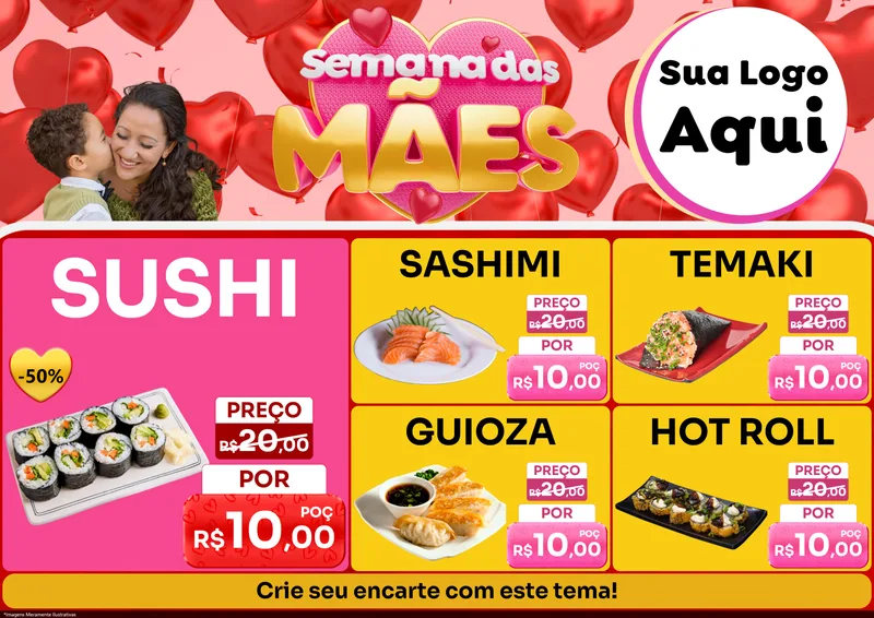 Modelo de Encarte para Encarte A4 Horizontal com o tema Semana Das Mães para Comida japonesa